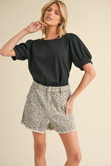 Black Ribbed Puffed Sleeve Maternity Top