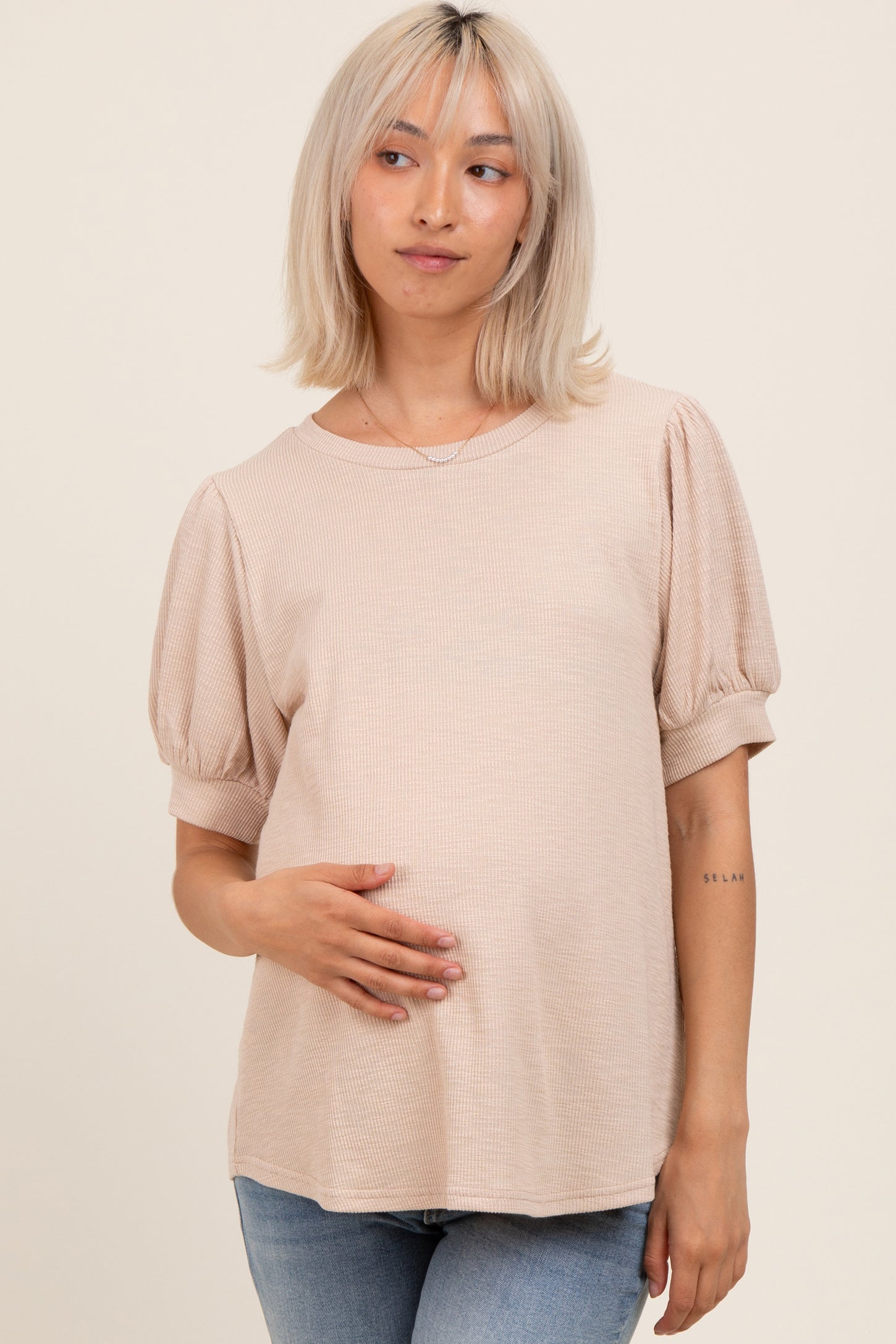 Beige Ribbed Puffed Sleeve Maternity Top