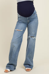 Blue Ripped Knee Wide Leg Maternity Jeans