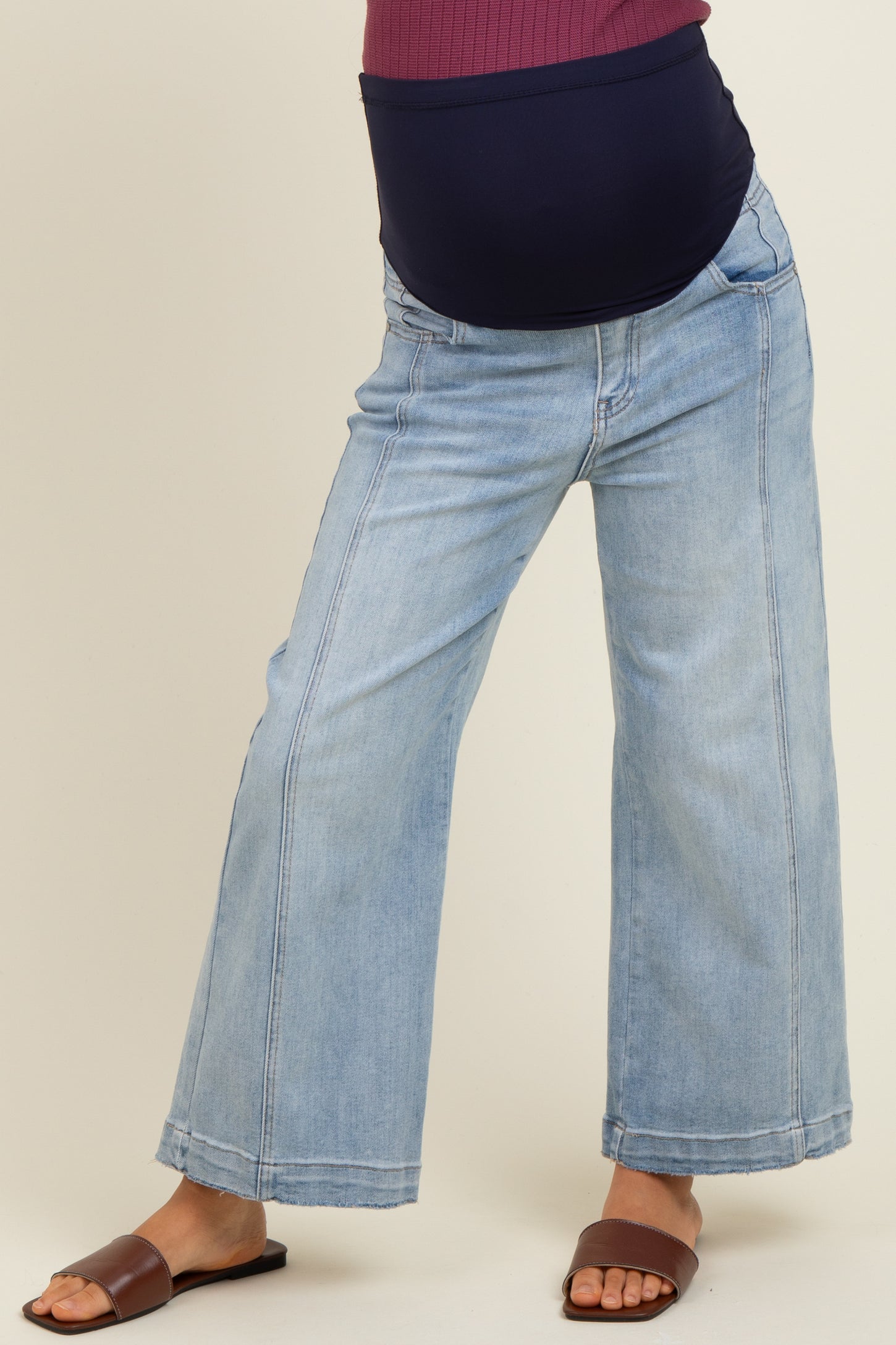 Light Blue Front Seam Cropped Wide Leg Maternity Jeans