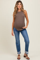 Blue Distressed Cuff Straight Leg Maternity Jeans