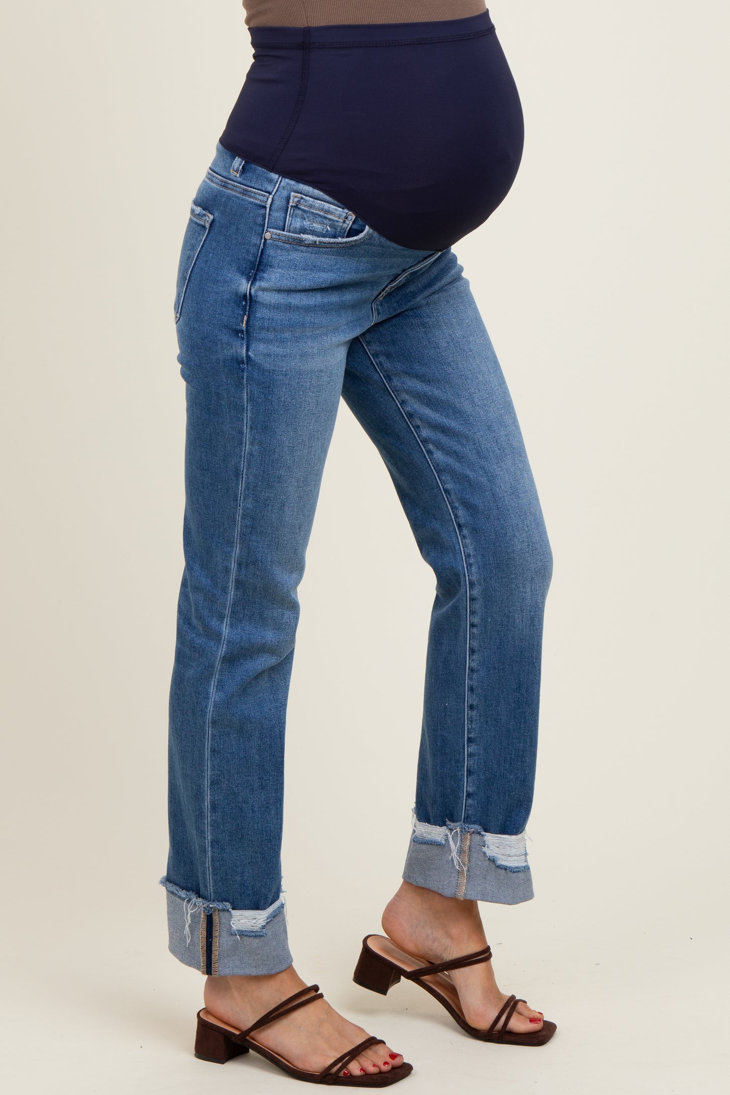 Blue Distressed Cuff Straight Leg Maternity Jeans