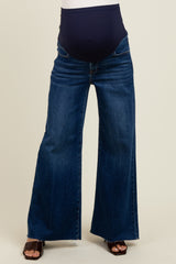 maternity wear wide leg dark blue jeans with a stretchy belly panel, styled for comfort during pregnancy