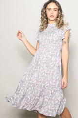 Light Blue Floral Mock Neck Smocked Ruffe Sleeve Midi Dress