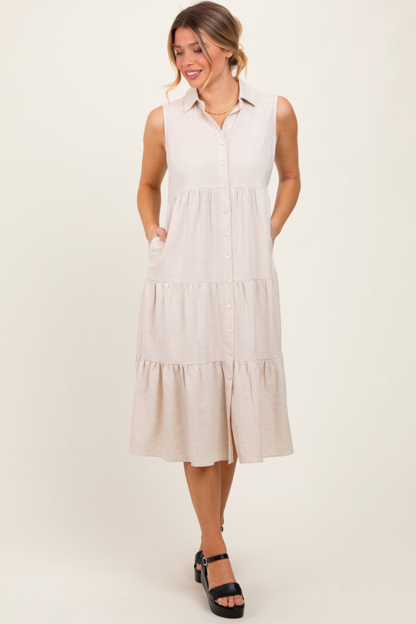 Cream Tiered Sleeveless Maternity Midi Shirt Dress