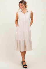 Cream Tiered Sleeveless Maternity Midi Shirt Dress