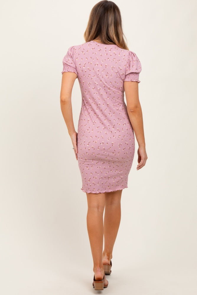Mauve Floral Ribbed Puff Sleeve Fitted Dress