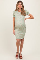 Light Olive Floral Ribbed Puff Sleeve Maternity Fitted Dress