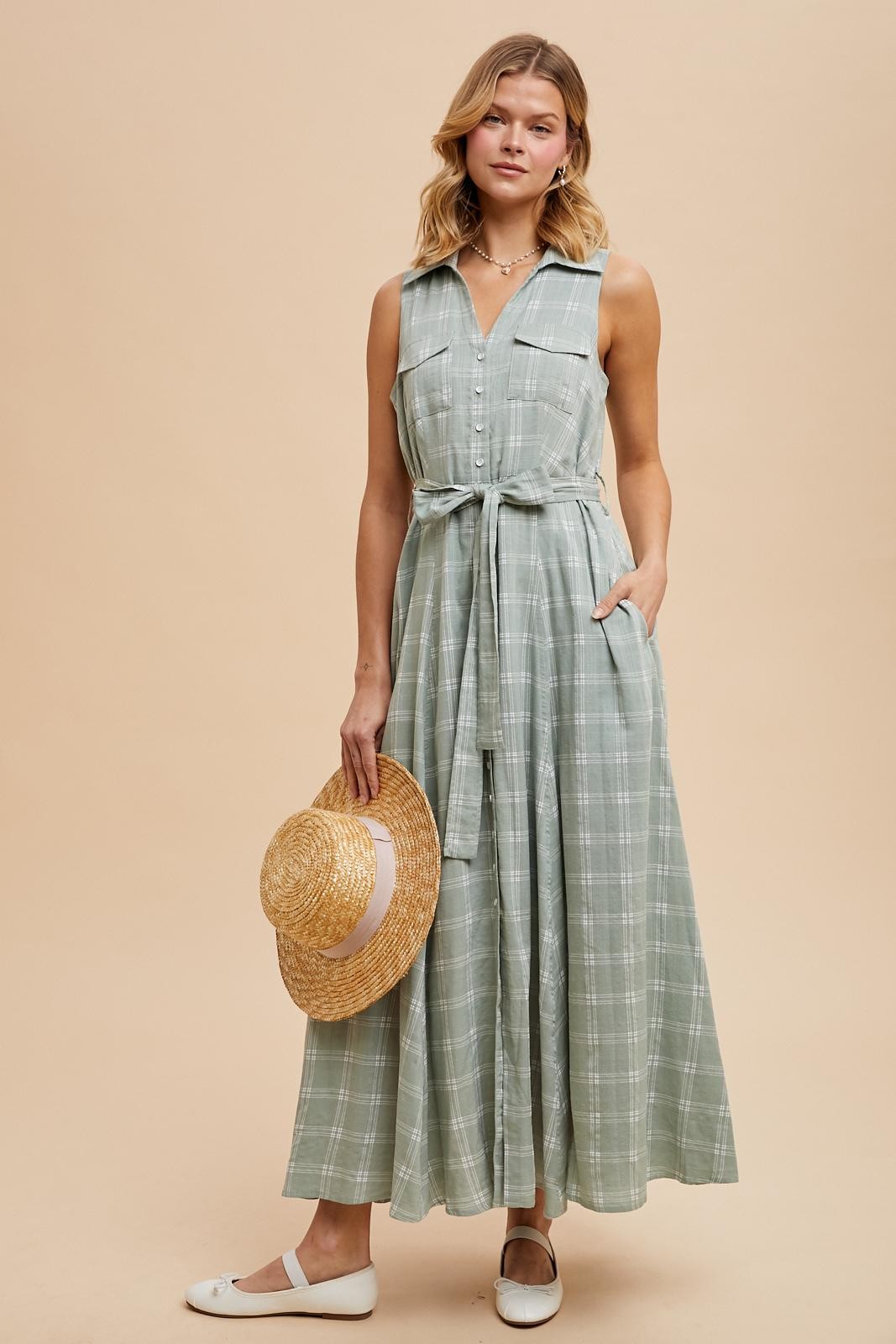 Light Olive Plaid Sleeveless Sash Tie Maternity Shirt Dress