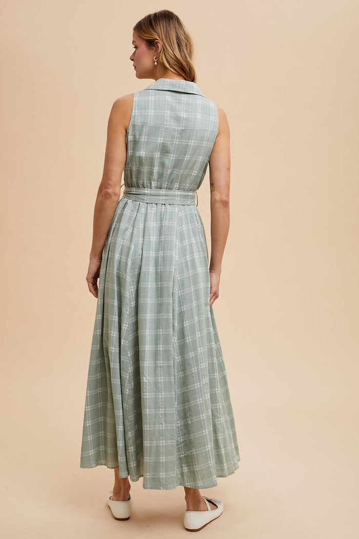 Light Olive Plaid Sleeveless Sash Tie Shirt Dress