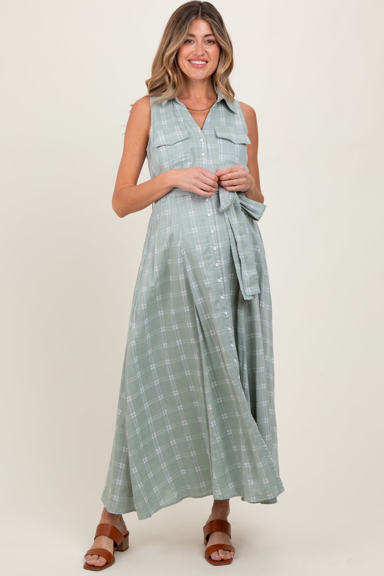 Light Olive Plaid Sleeveless Sash Tie Maternity Shirt Dress