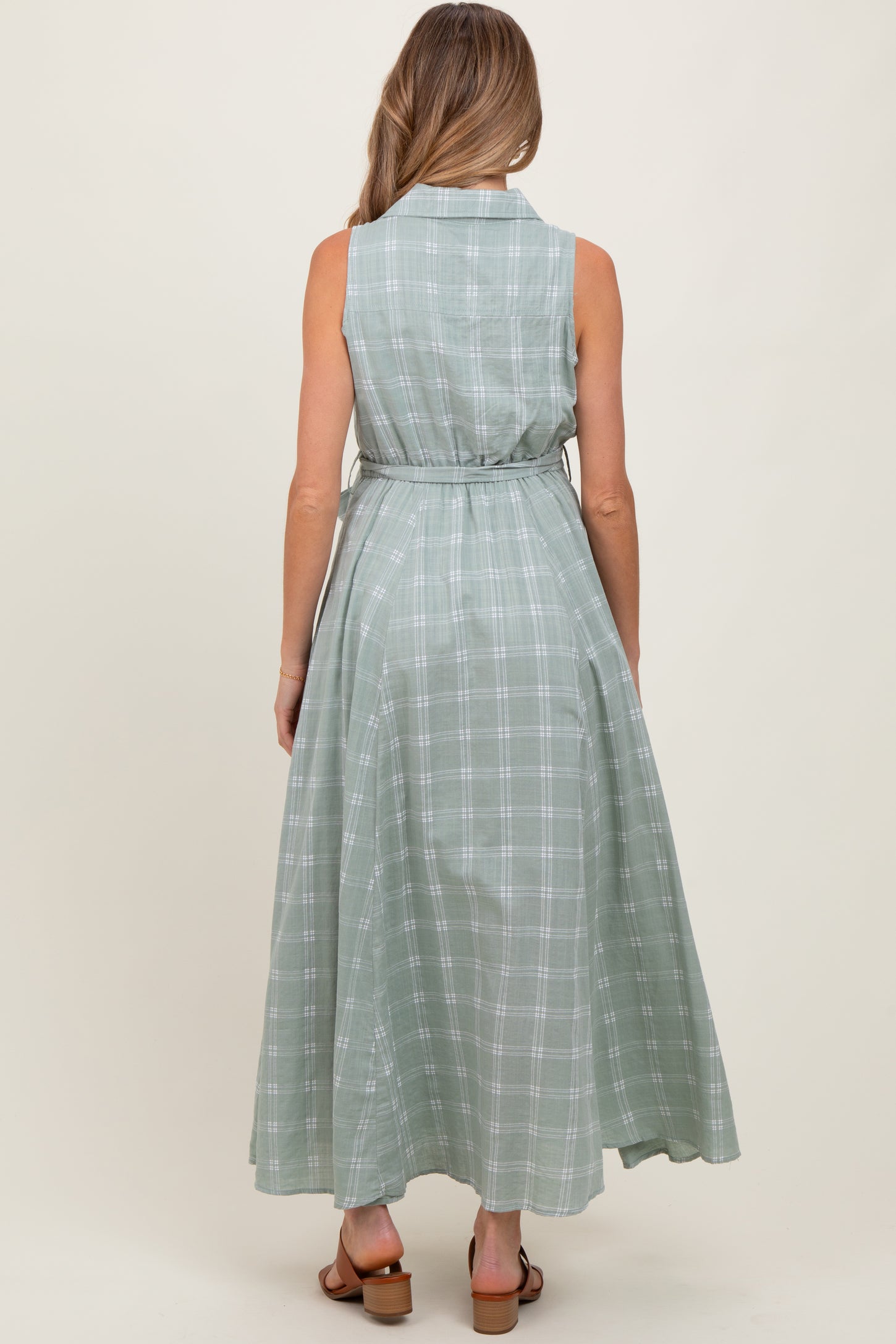 Light Olive Plaid Sleeveless Sash Tie Maternity Shirt Dress