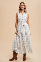 White Plaid Sleeveless Sash Tie Maternity Shirt Dress
