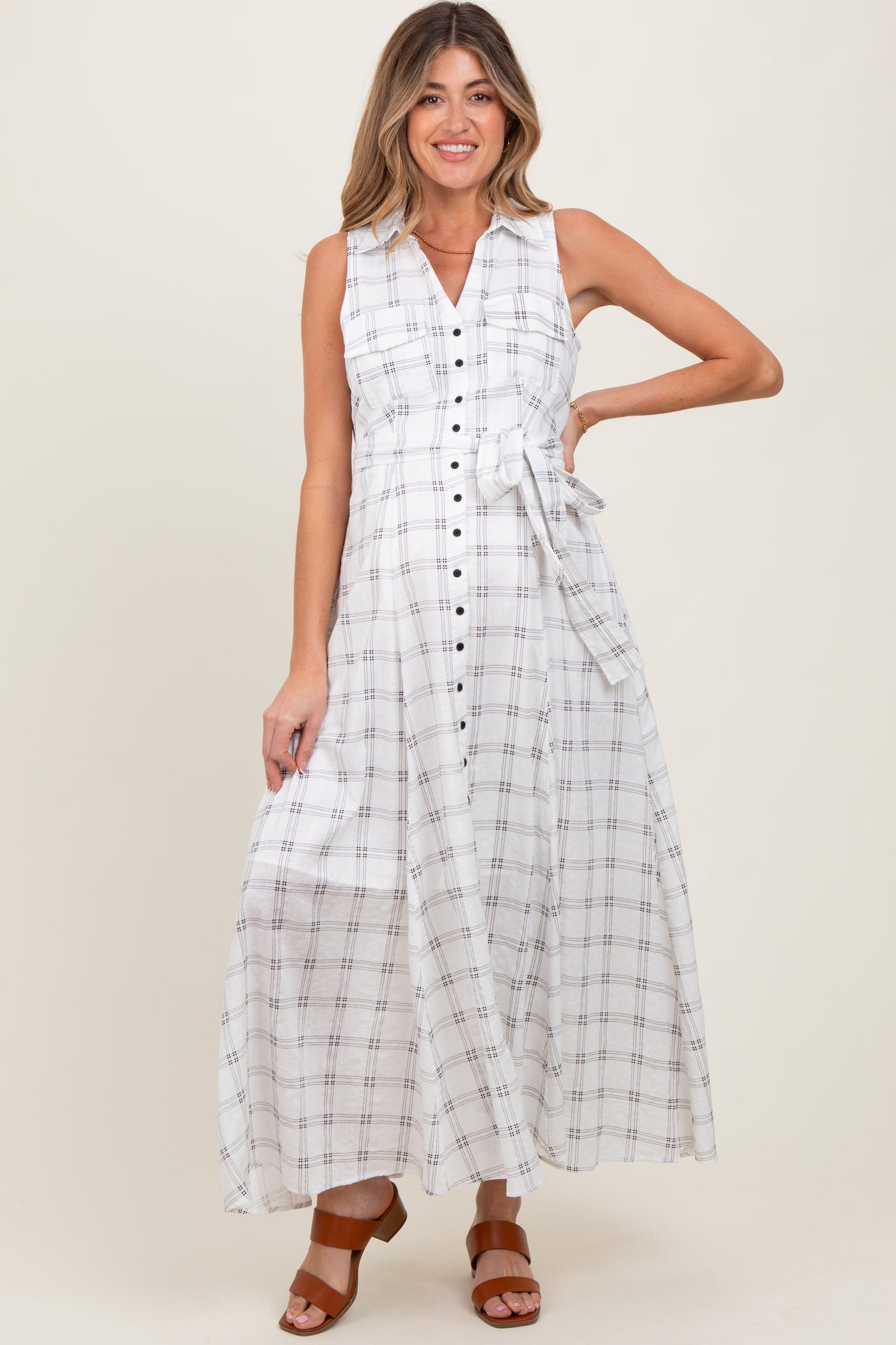 White Plaid Sleeveless Sash Tie Maternity Shirt Dress