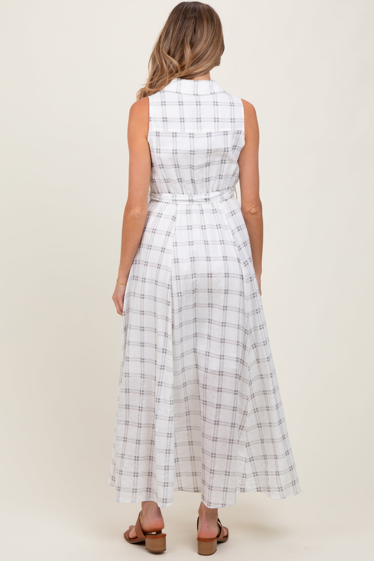 White Plaid Sleeveless Sash Tie Maternity Shirt Dress