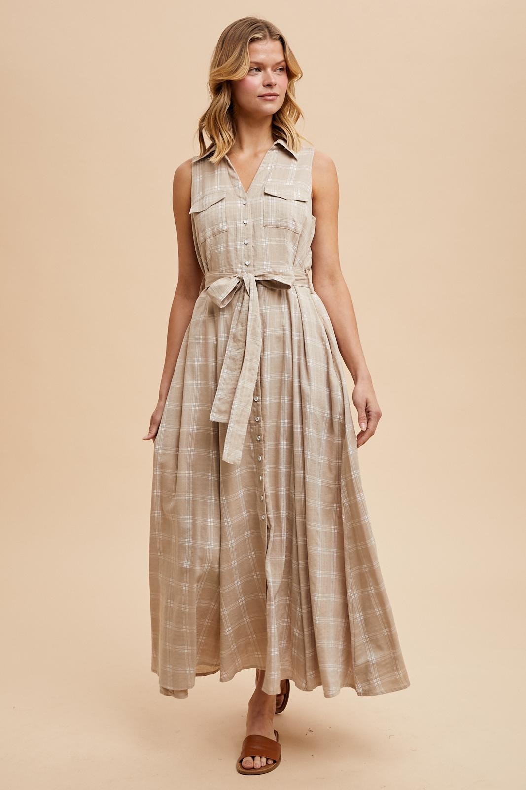 Beige Plaid Sleeveless Sash Tie Shirt Dress