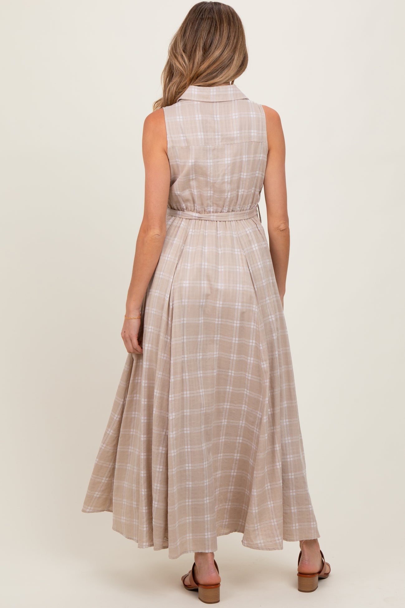 Beige Plaid Sleeveless Sash Tie Maternity Shirt Dress