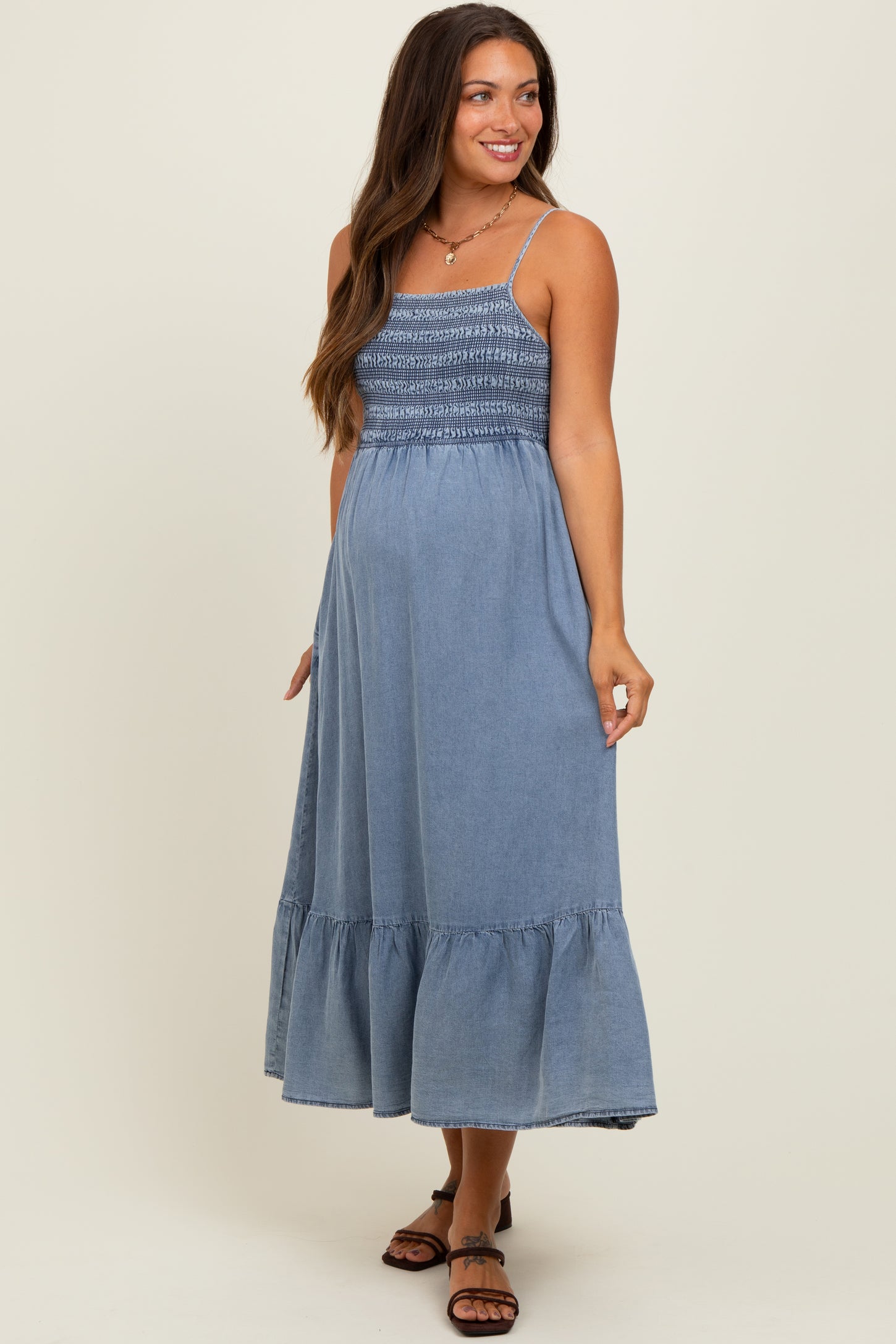 Blue Chambray Smocked Maternity Midi Dress