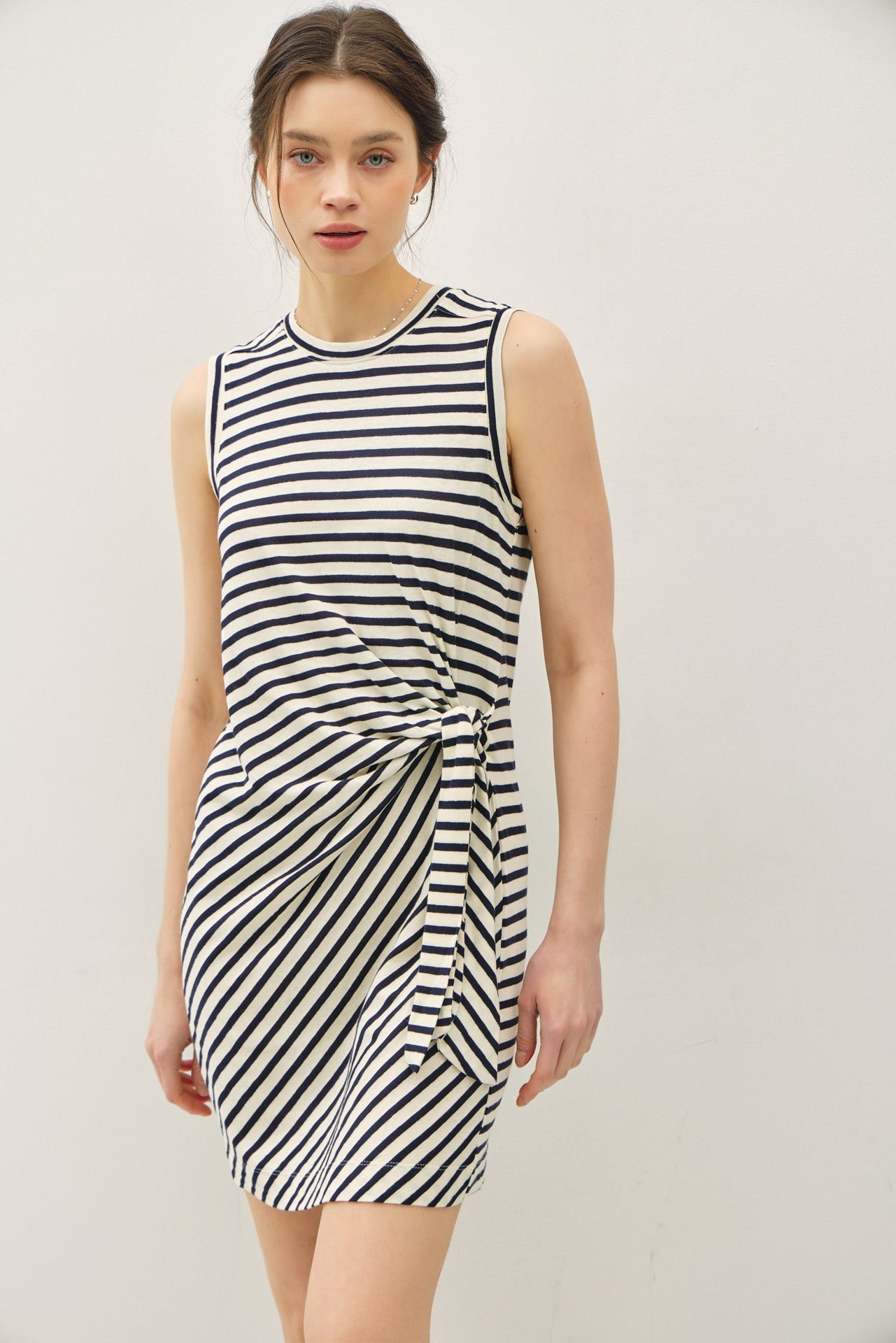 Navy Striped Sleeveless Side Tie Mini Dress