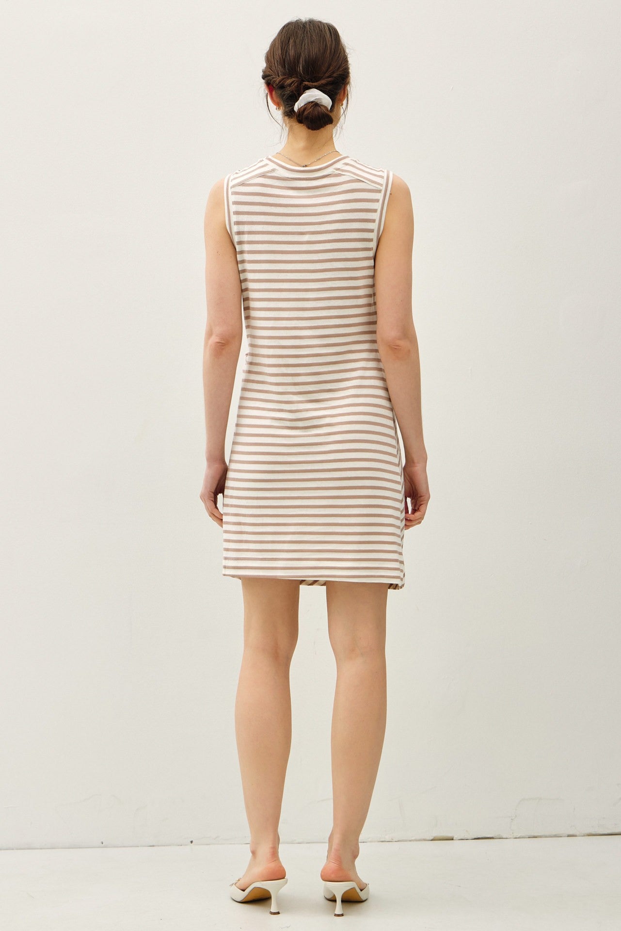 Light Taupe Striped Sleeveless Side Tie Mini Dress