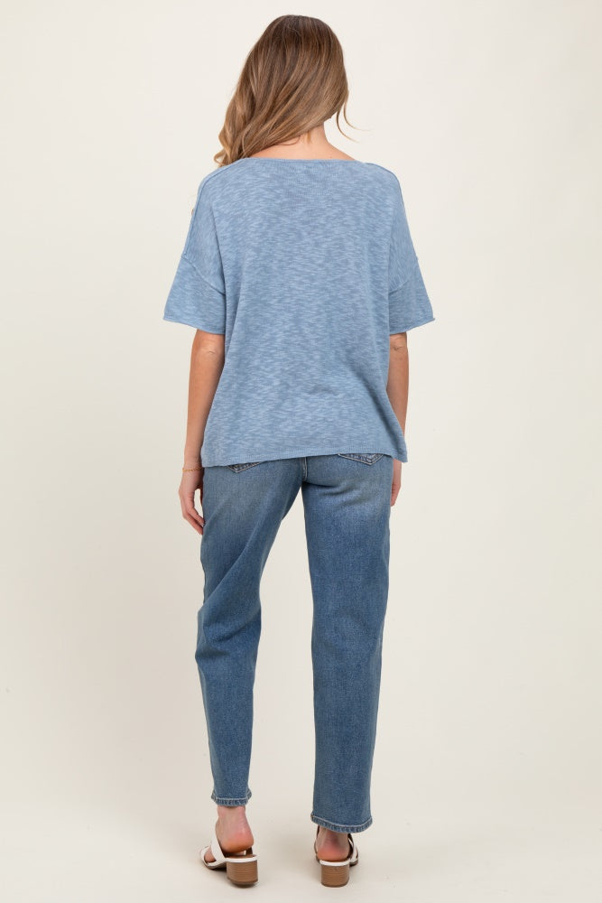 Blue Knit Drop Shoulder Short Sleeve Maternity Top