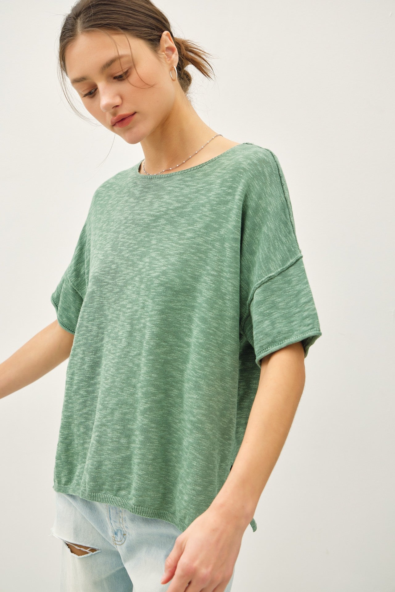 Green Knit Drop Shoulder Short Sleeve Maternity Top