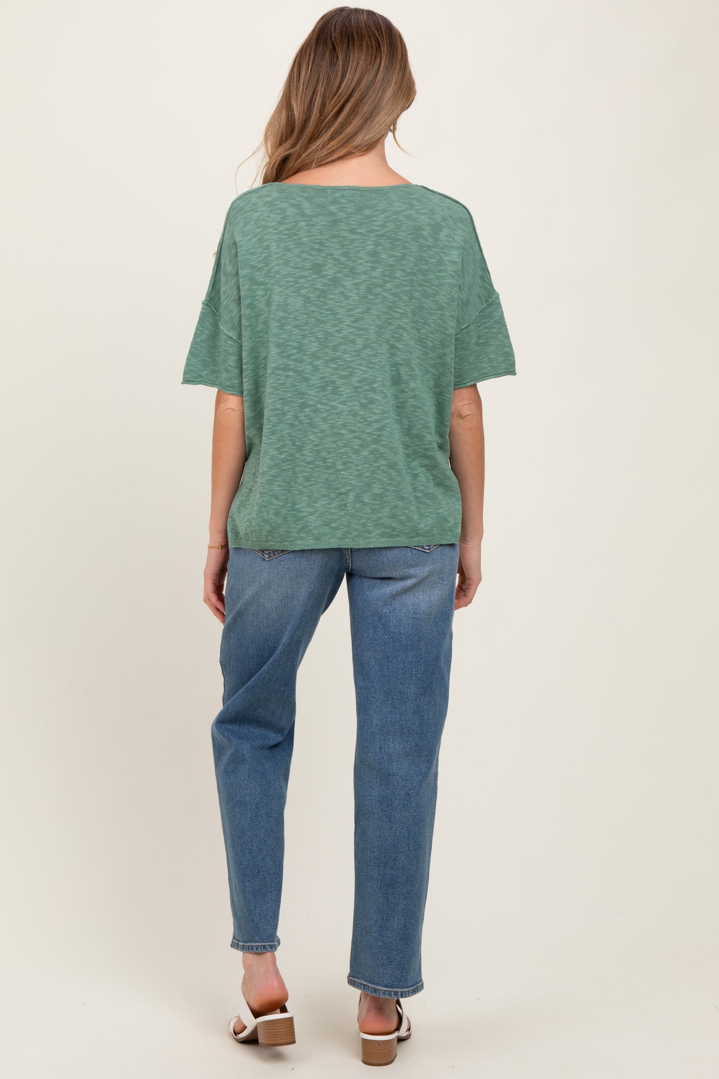 Green Knit Drop Shoulder Short Sleeve Maternity Top