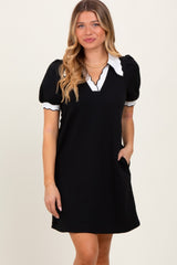 Black Textured Knit Contrast Collar Mini Dress