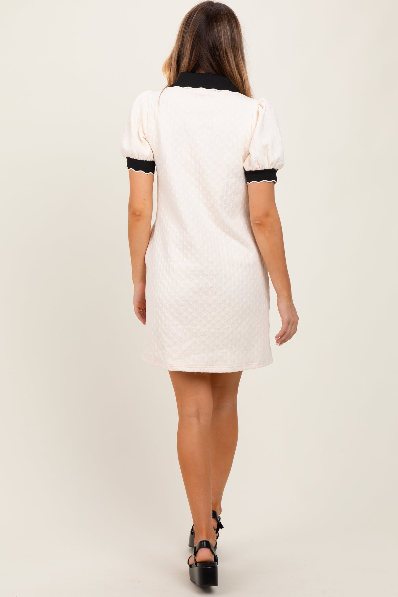 Cream Textured Knit Contrast Collar Mini Dress