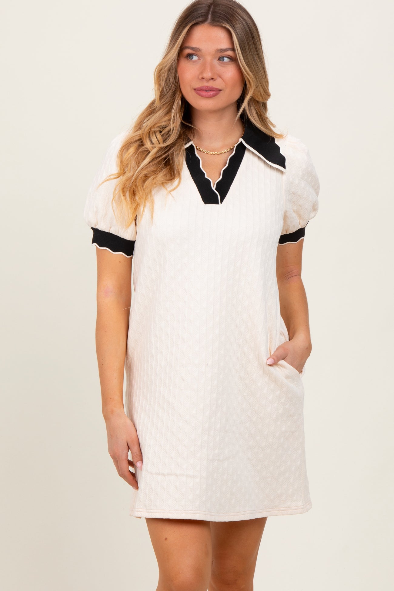 Cream Textured Knit Contrast Collar Maternity Mini Dress
