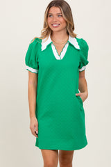 Green Textured Knit Contrast Collar Maternity Mini Dress