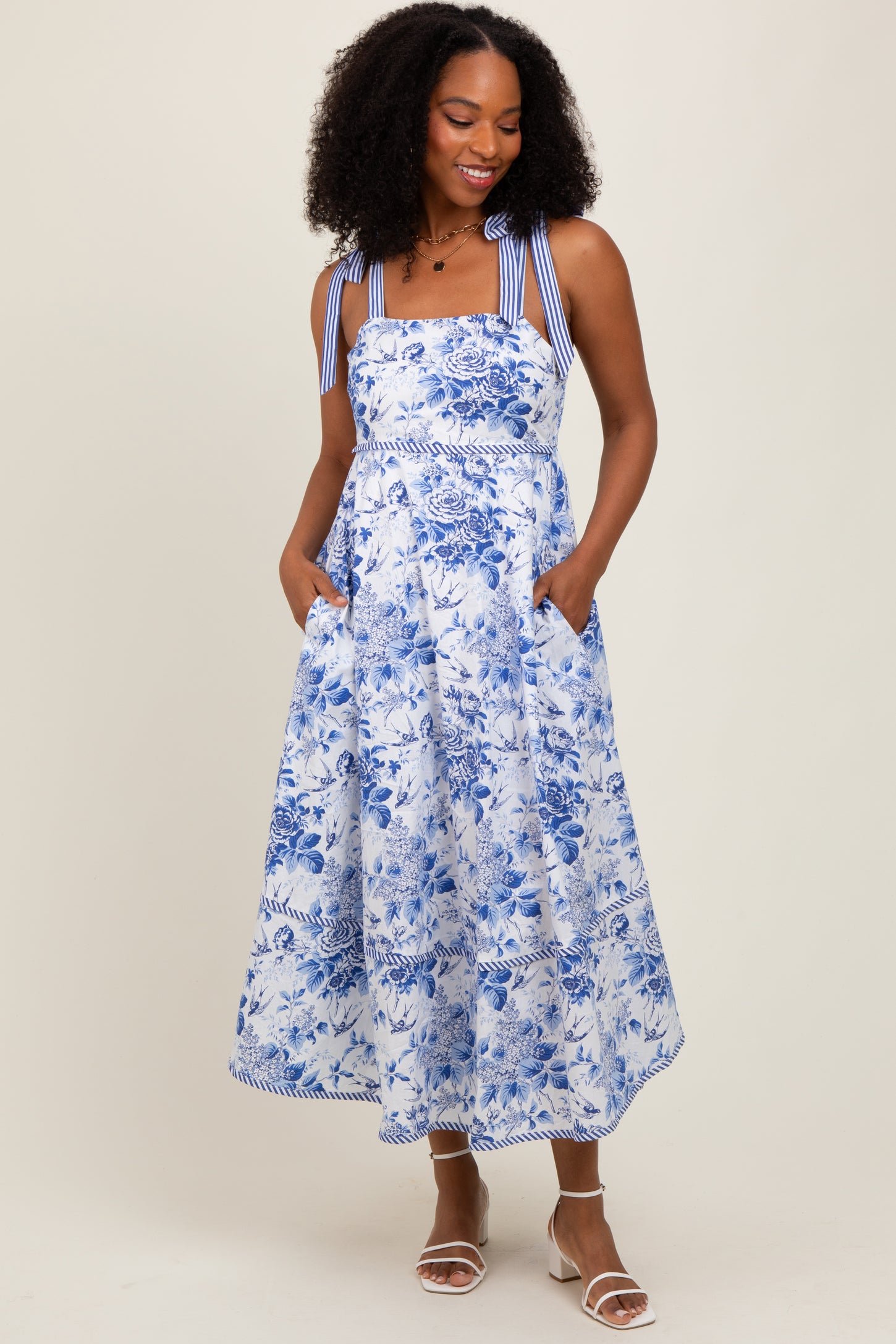 Blue Floral Shoulder Tie Striped Trim Maternity Midi Dress