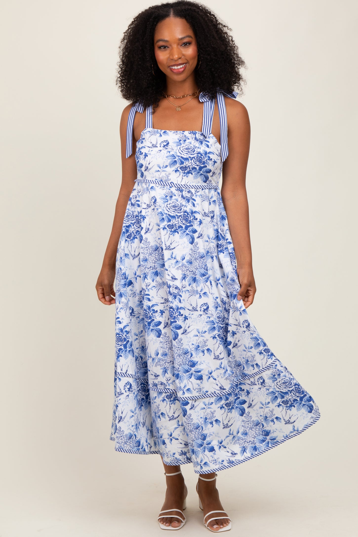 Blue Floral Shoulder Tie Striped Trim Midi Dress