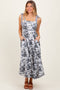 Black Floral Shoulder Tie Striped Trim Midi Dress