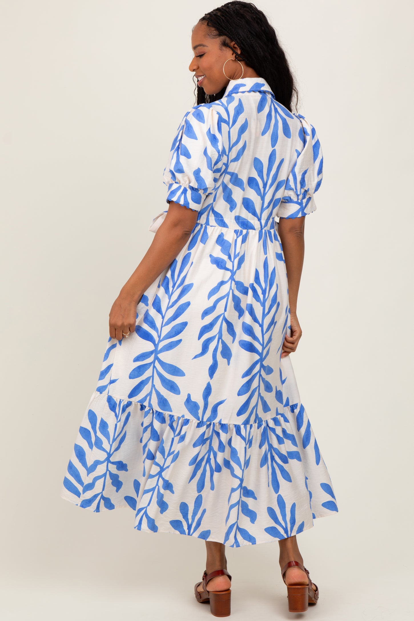 Blue Leaf Print Scallop Trim Midi Shirt Dress