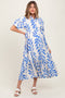 Blue Leaf Print Scallop Trim Maternity Midi Shirt Dress