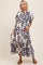 Navy Blue Leaf Print Scallop Trim Maternity Midi Shirt Dress