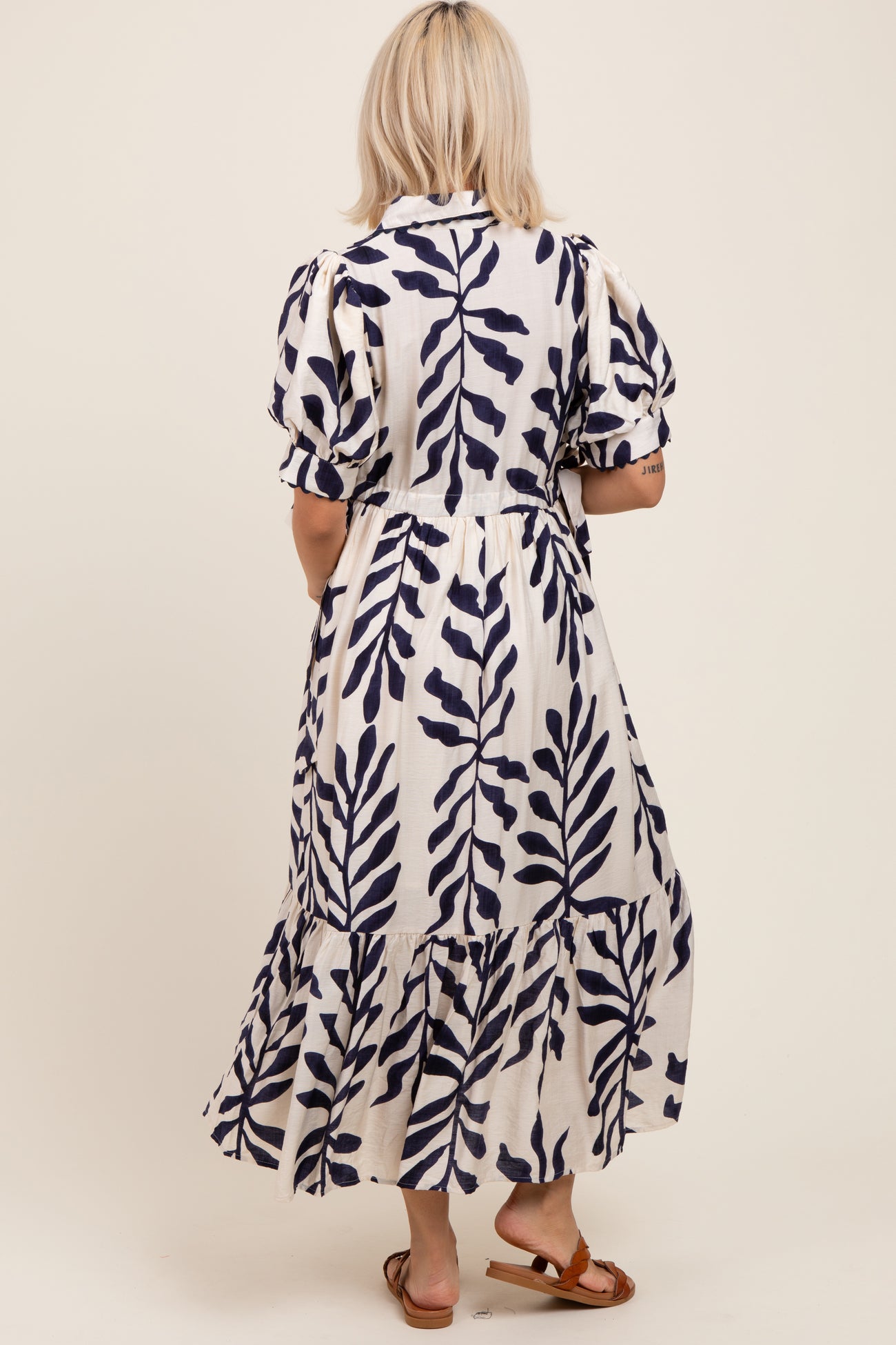 Navy Blue Leaf Print Scallop Trim Maternity Midi Shirt Dress