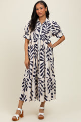 Navy Blue Leaf Print Scallop Trim Maternity Midi Shirt Dress