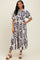 Navy Blue Leaf Print Scallop Trim Midi Shirt Dress