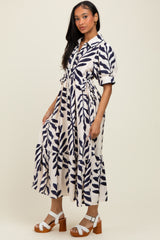 Navy Blue Leaf Print Scallop Trim Midi Shirt Dress