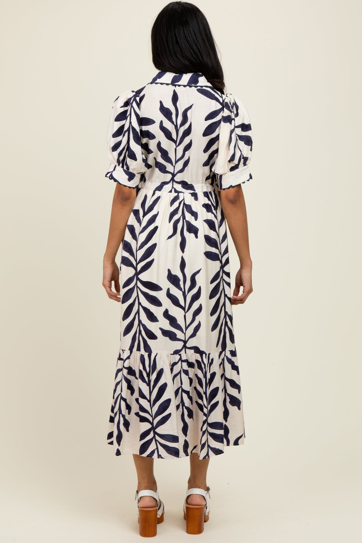 Navy Blue Leaf Print Scallop Trim Midi Shirt Dress