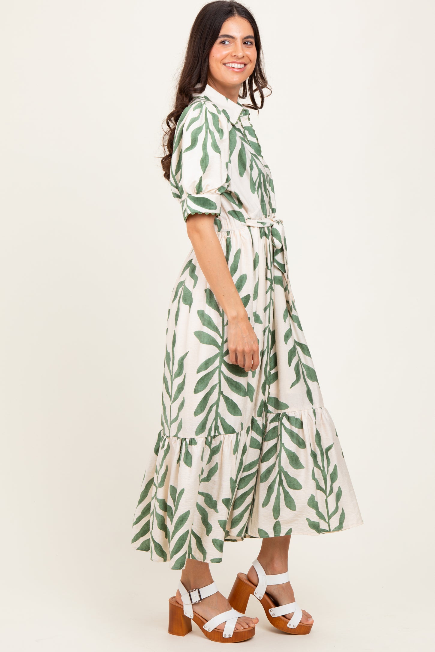 Olive Leaf Print Scallop Trim Midi Shirt Dress