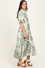 Olive Leaf Print Scallop Trim Midi Shirt Dress