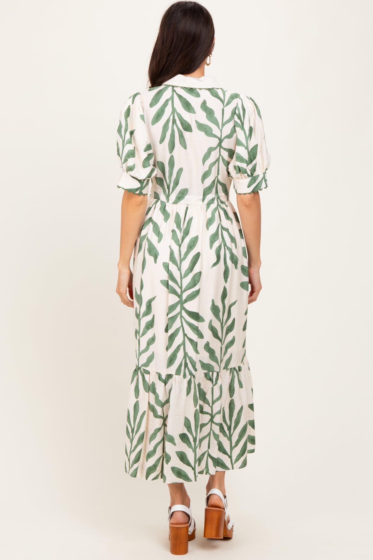 Olive Leaf Print Scallop Trim Midi Shirt Dress