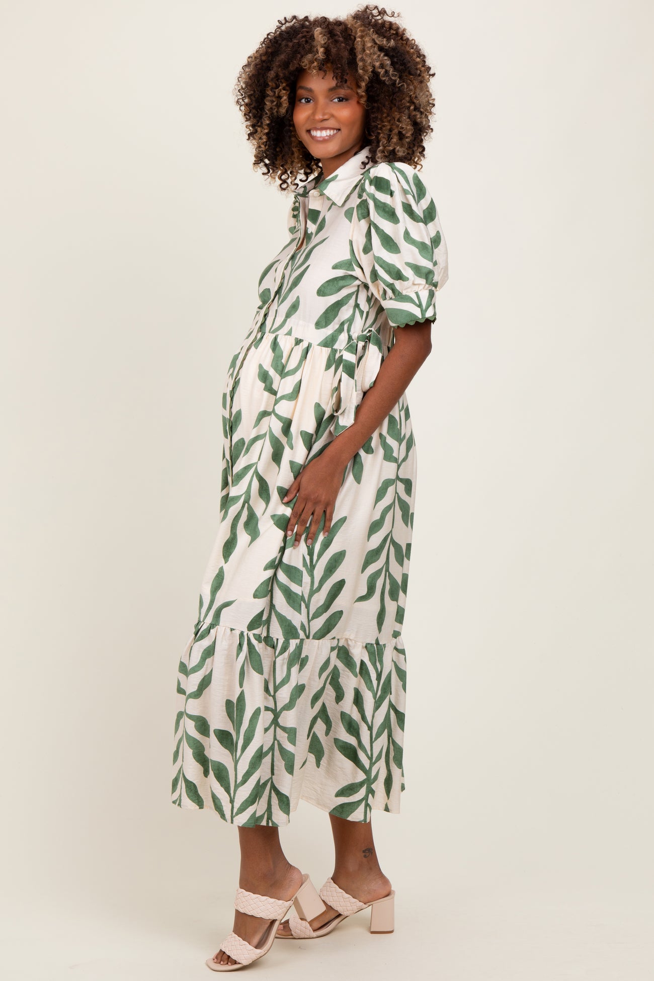 Olive Leaf Print Scallop Trim Maternity Midi Shirt Dress