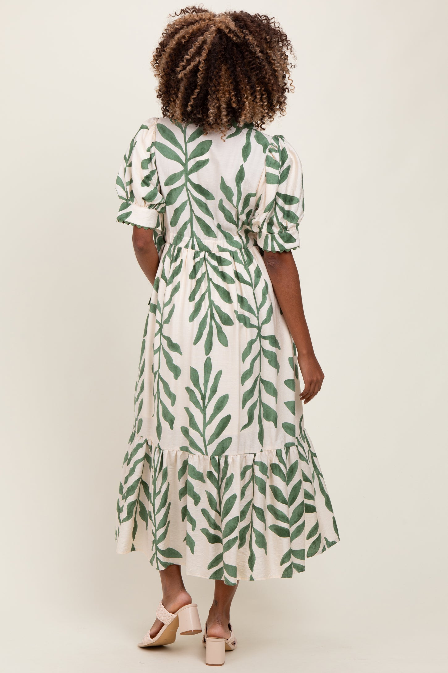 Olive Leaf Print Scallop Trim Maternity Midi Shirt Dress