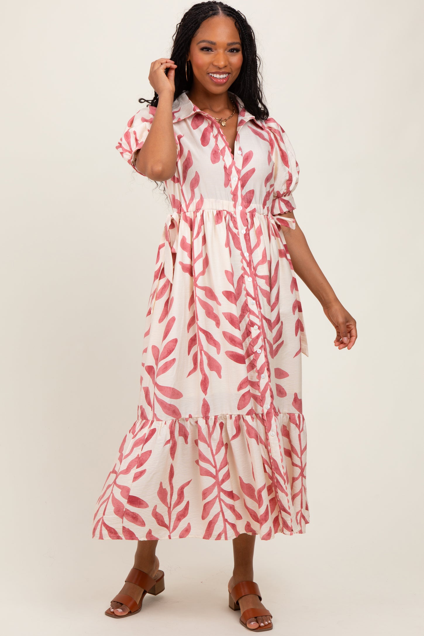 Pink Leaf Print Scallop Trim Maternity Midi Shirt Dress
