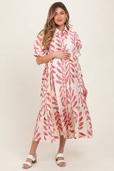 Pink Leaf Print Scallop Trim Maternity Midi Shirt Dress