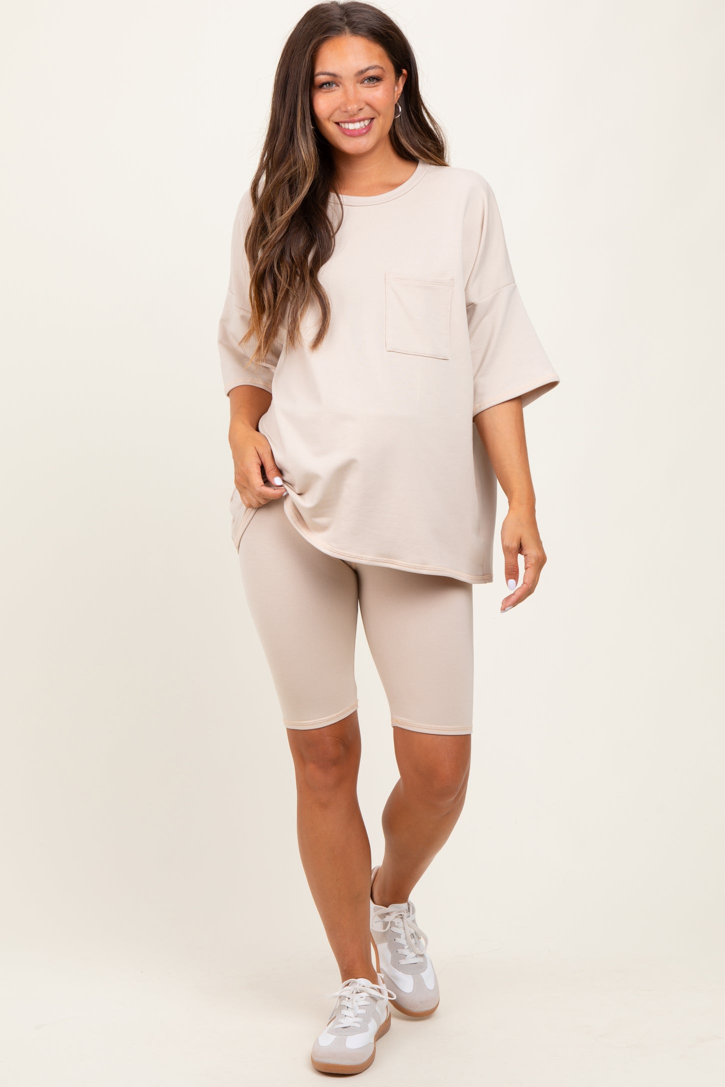 Beige Oversized Short Sleeve Biker Short Maternity Set